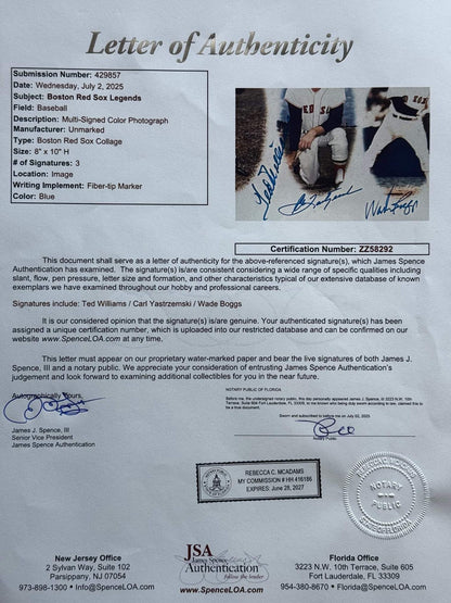 Ted Williams Carl Yastrzemski & Wade Boggs Autographed 8X10 Baseball Photo (Jsa)