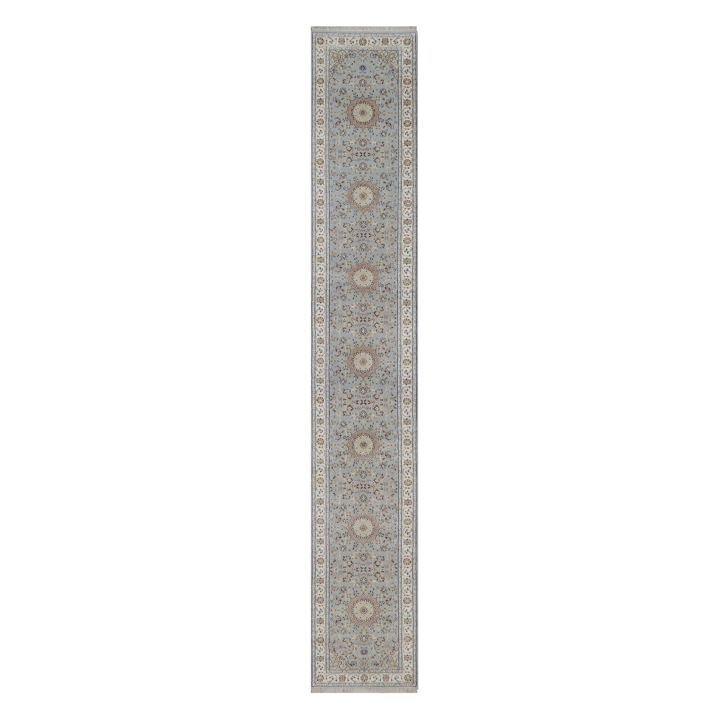 2'7"x16'2" Light Blue Nain 250 KPSI Hand Knotted Wool and Silk Runner Rug