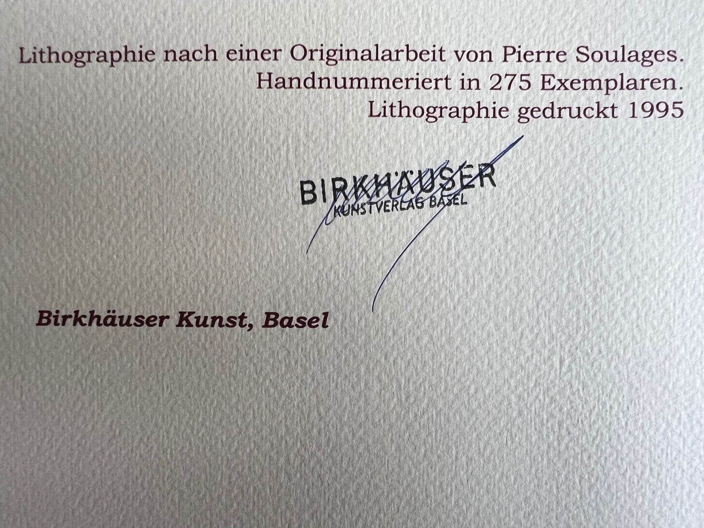 Pierre Soulages Coa Signed Op 1995 Numbered By Hand In Pencil 275Ex