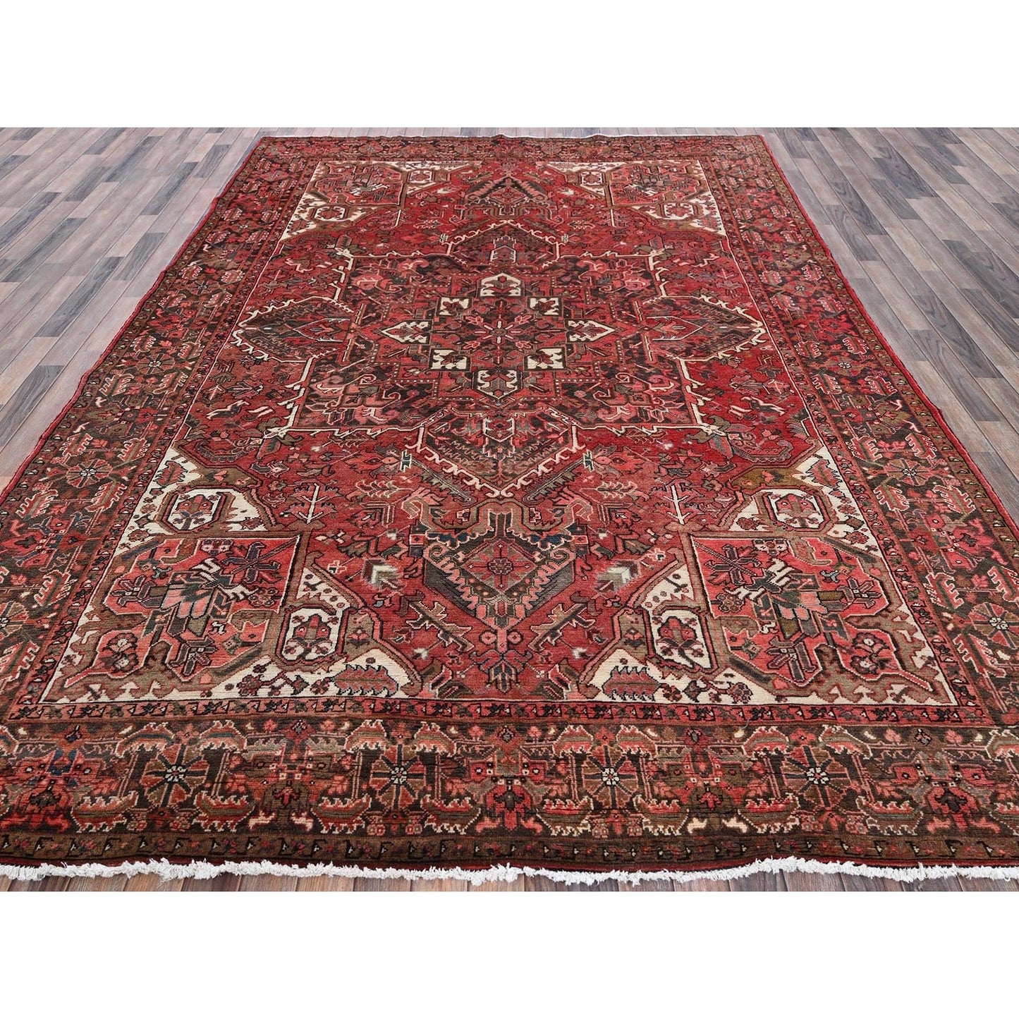 8'6'X11'4" Cherry Red Vintage Zoroastrian Heris Pure Wool Hand Knotted Rug