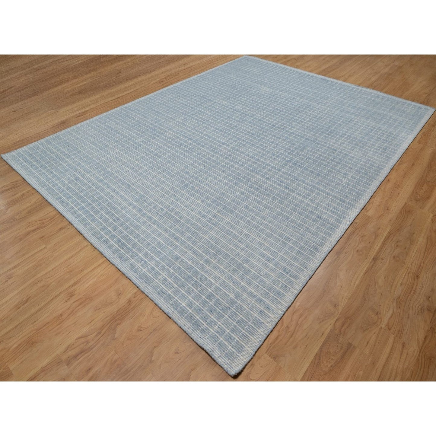 9'1"X12' Faded Blue Modern Plain Decor Box Design Loomed Knotted Wool Rug