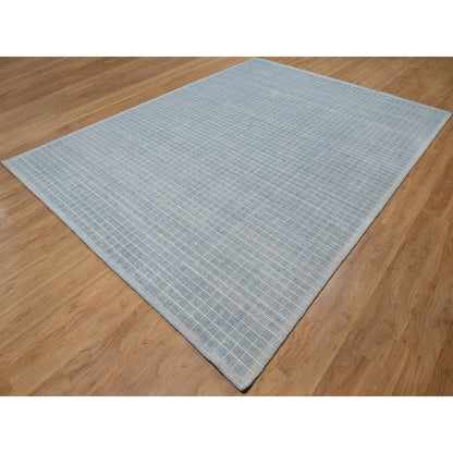 9'1"X12' Faded Blue Modern Plain Decor Box Design Loomed Knotted Wool Rug