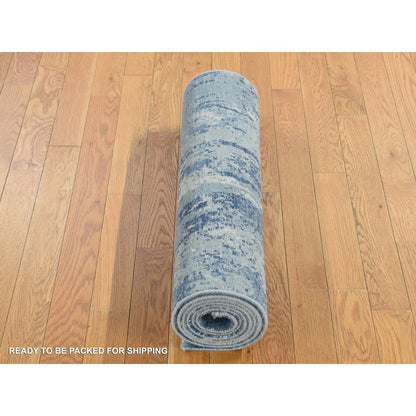 2'6"X8'1" Blue Abstract Design Wool And Silk Hand Knotted Runner Rug