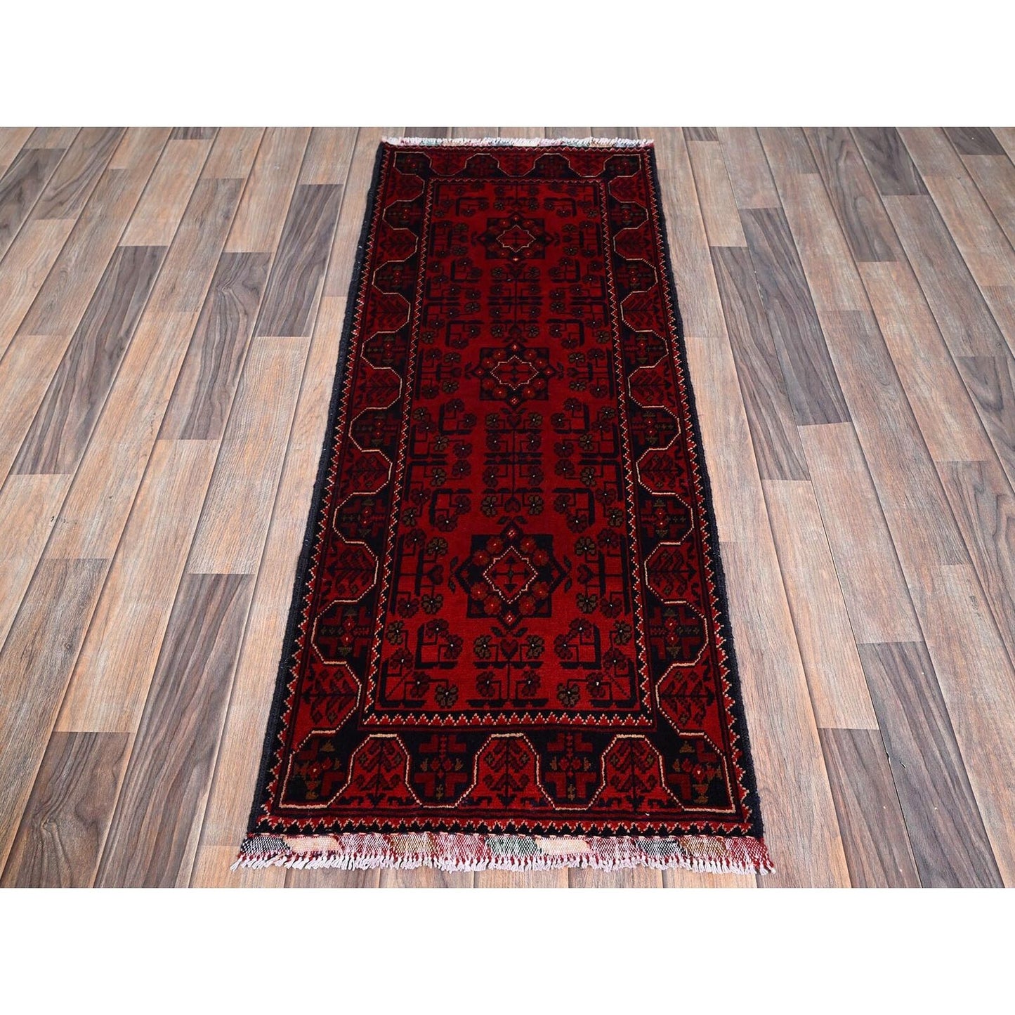 1'9"X4'10" Red Afghan Khamyab Tribal Design Hand Knotted Wool Runner Rug