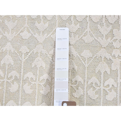 Rug 2'x3'4" Ivory Hand Knotted Pure Silk with Textured Wool Tone on Tone