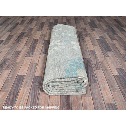 9'2"X11'10" Oyster Gray Afghan Oushak Leaf Design All Wool Hand Knotted Rug