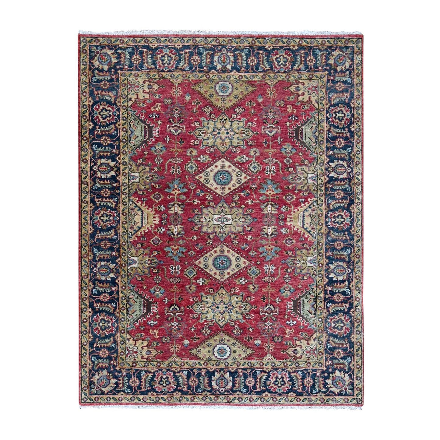 5'X6'10" Harvard Crimson Red 100% Wool Hand Knotted Karjihooz Design Rug