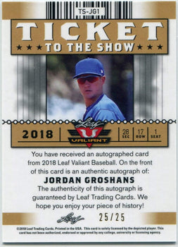 Jordan Groshans 2018 Leaf Valiant Ticket To The Show Autographed Navy Parallel R