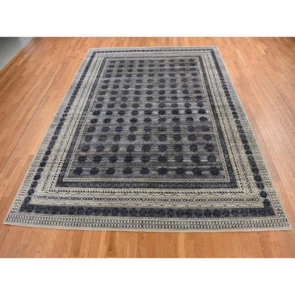 9'X12' Owl Gray Distressed Silk Repetitive Design Hand Knotted Rug