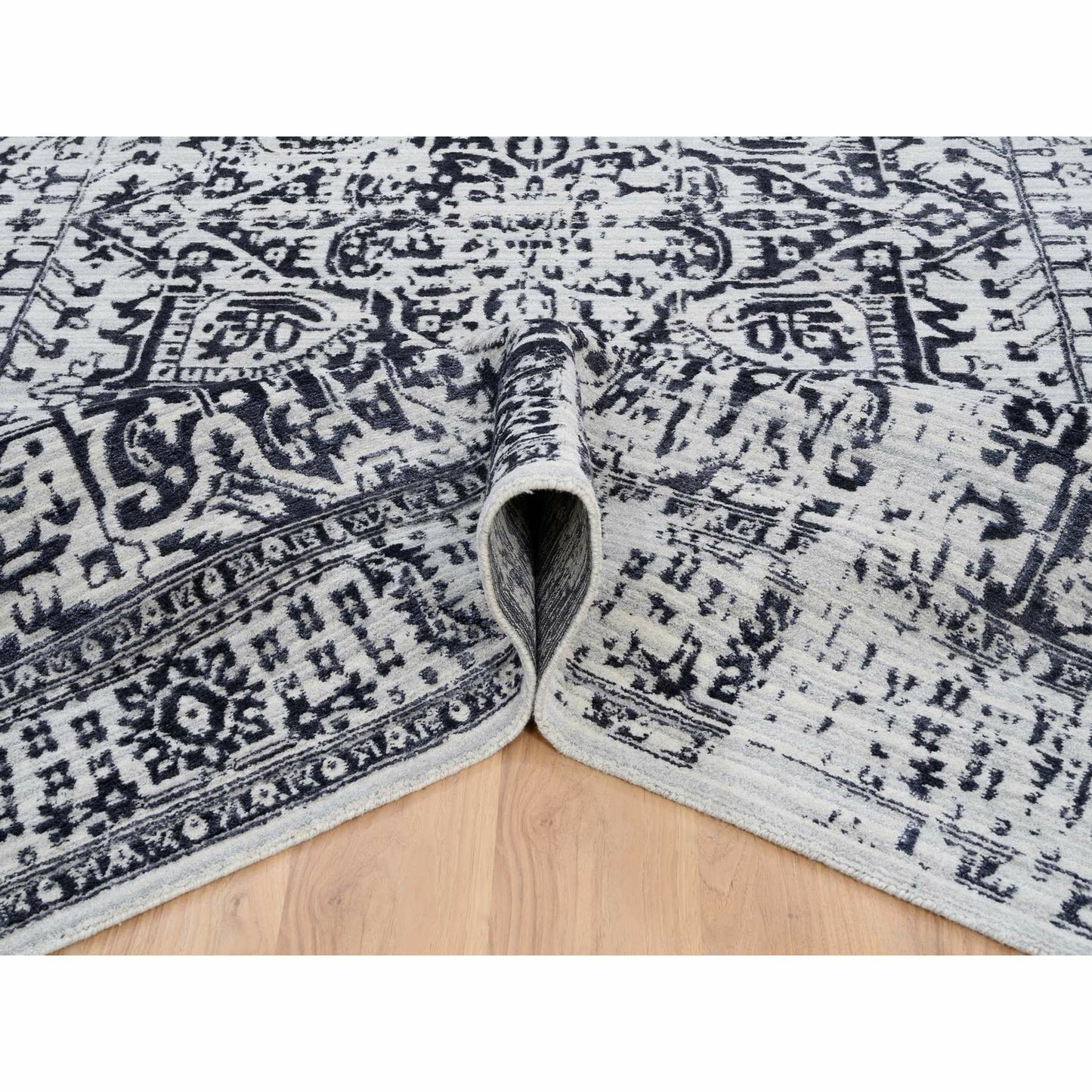 9'X11'10" Black Serapi Heris Design Wool And Silk Hand Loomed Rug