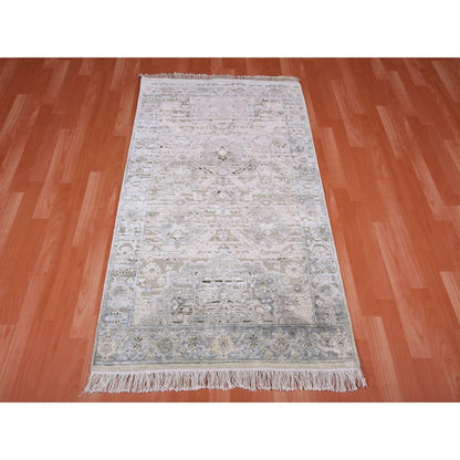 3'X5'2" Gray Hand Knotted Oushak Pure Silk And Textured Wool Rug