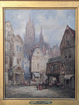 Henry Schafer (18331916) Original Oil Painting Old European Town Scene Gothic
