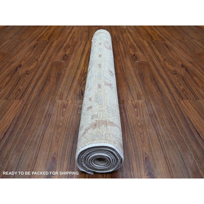 3'10"X9'8" Gray Wool Hand Knotted Afghan Angora Oushak Wide Runner Rug