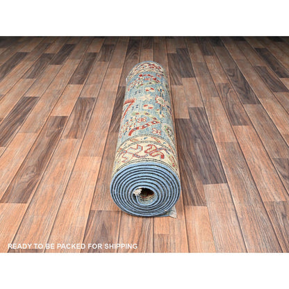 2'9"X12'9" Blue Kazak With Geometric Design Hand Knotted Rug Wool Runner