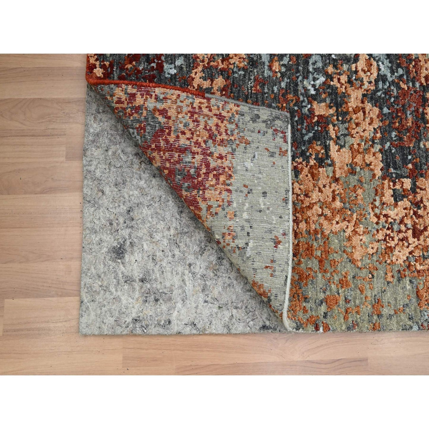 Rug 4'x6'2" Gray with Orange Abstract Design Pure Wool Hand Knotted