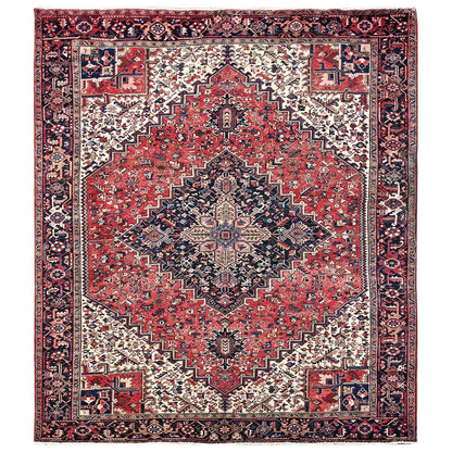 9'5"X11' Red Vintage Zoroastrian Heris Pure Wool Hand Knotted Squarish Rug