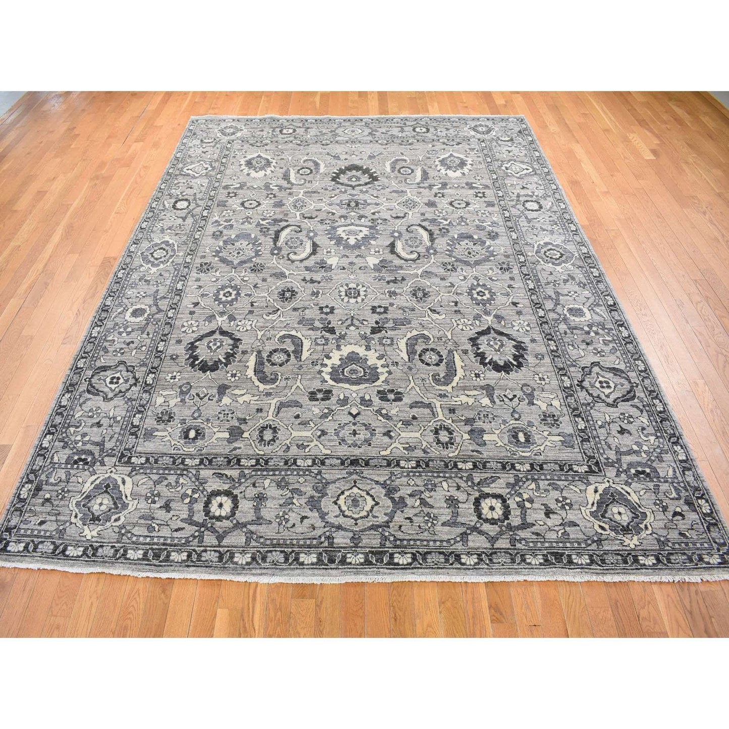 9'1"X12'3" Gray Peshawar Sultanabad All Over Design Hand Knotted Wool Rug