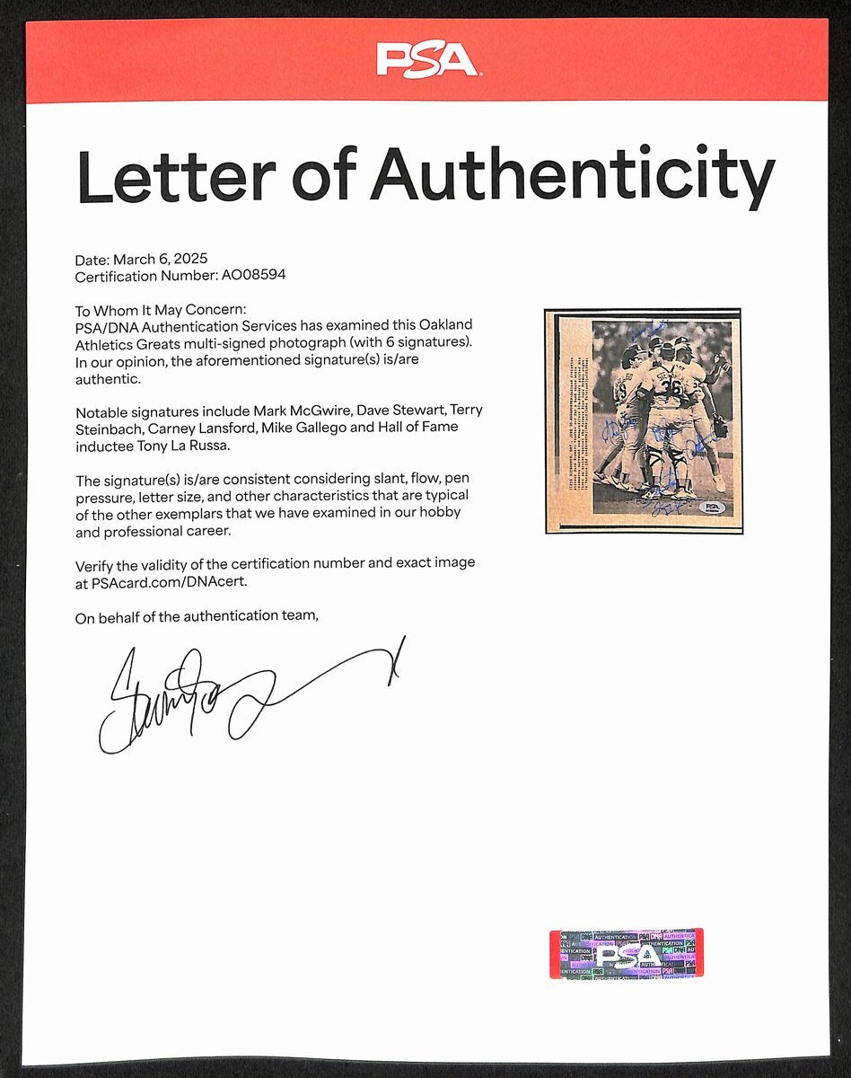 Stewart No Hitter Multi Signed (6) 1990 6X8 Wire Photo A'S Mcgwire Psa 196034