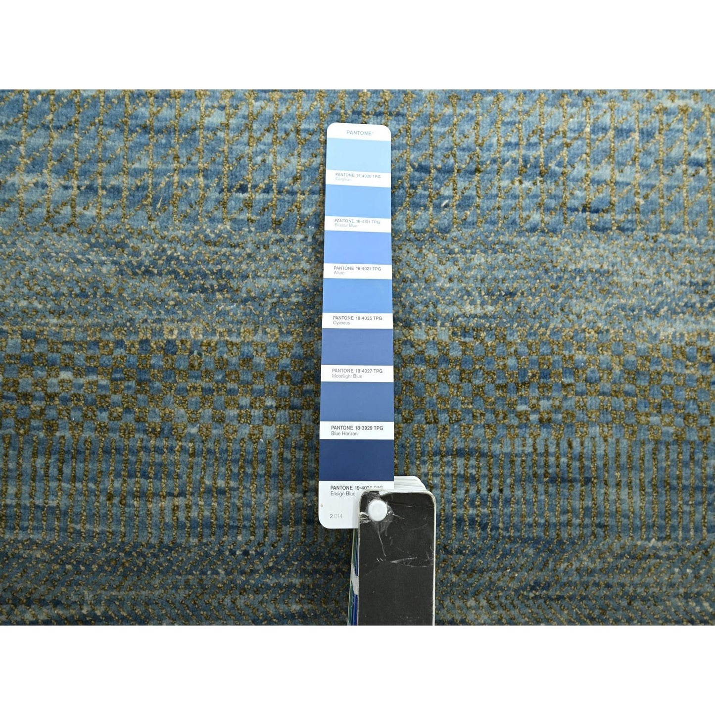 2'7"X12'3" Ensign Blue Wool And Silk Grass Design Hand Knotted Runner Rug