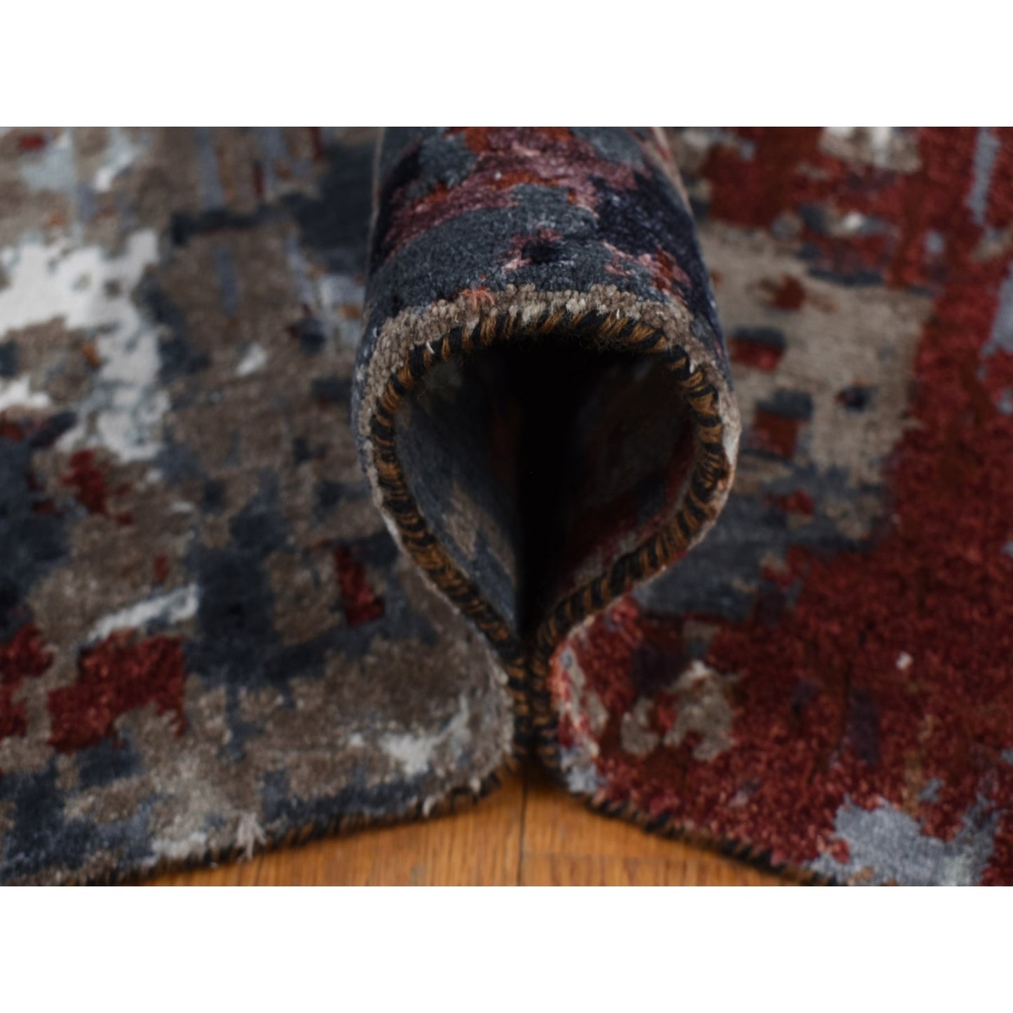 9'X12'2" Red Wool And Silk Abstract Paint Brush Design Hand Knotted Rug