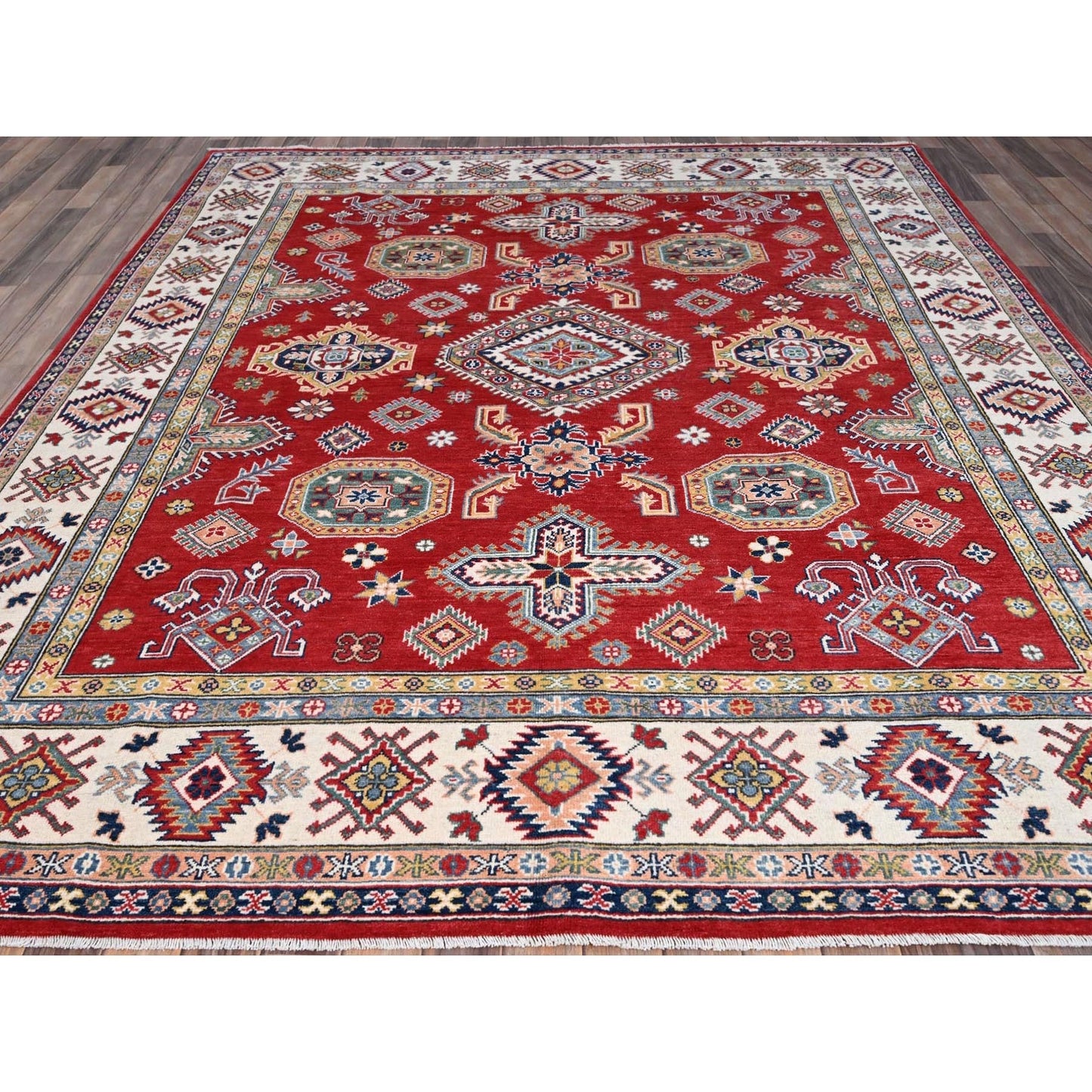 8'1"X10' Geranium Red Hand Knotted Shiny Wool Kazak Design Oriental Rug