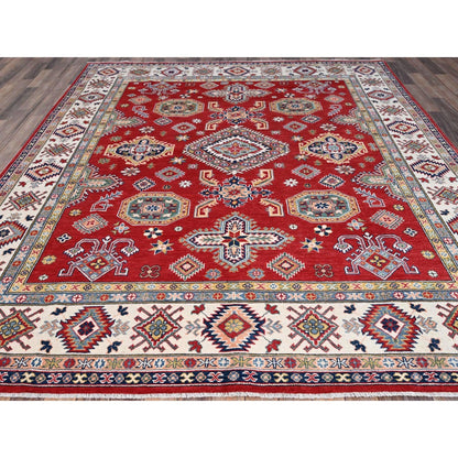 8'1"X10' Geranium Red Hand Knotted Shiny Wool Kazak Design Oriental Rug