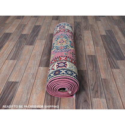 2'7"X10'1" Pink Kazak With Tribal Design Hand Knotted Soft Wool Runner Rug