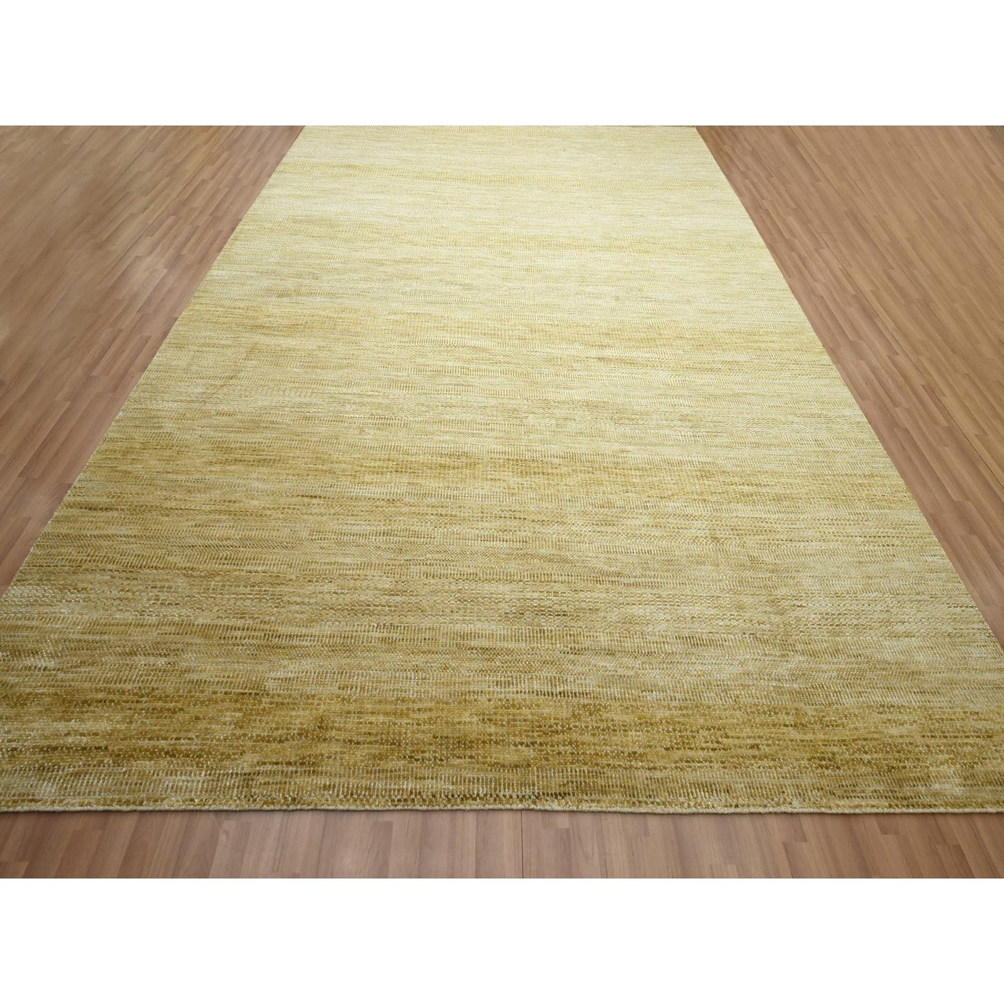 10'X14' Honey Brown Modern Grass Design Hand Knotted Wool And Silk Rug