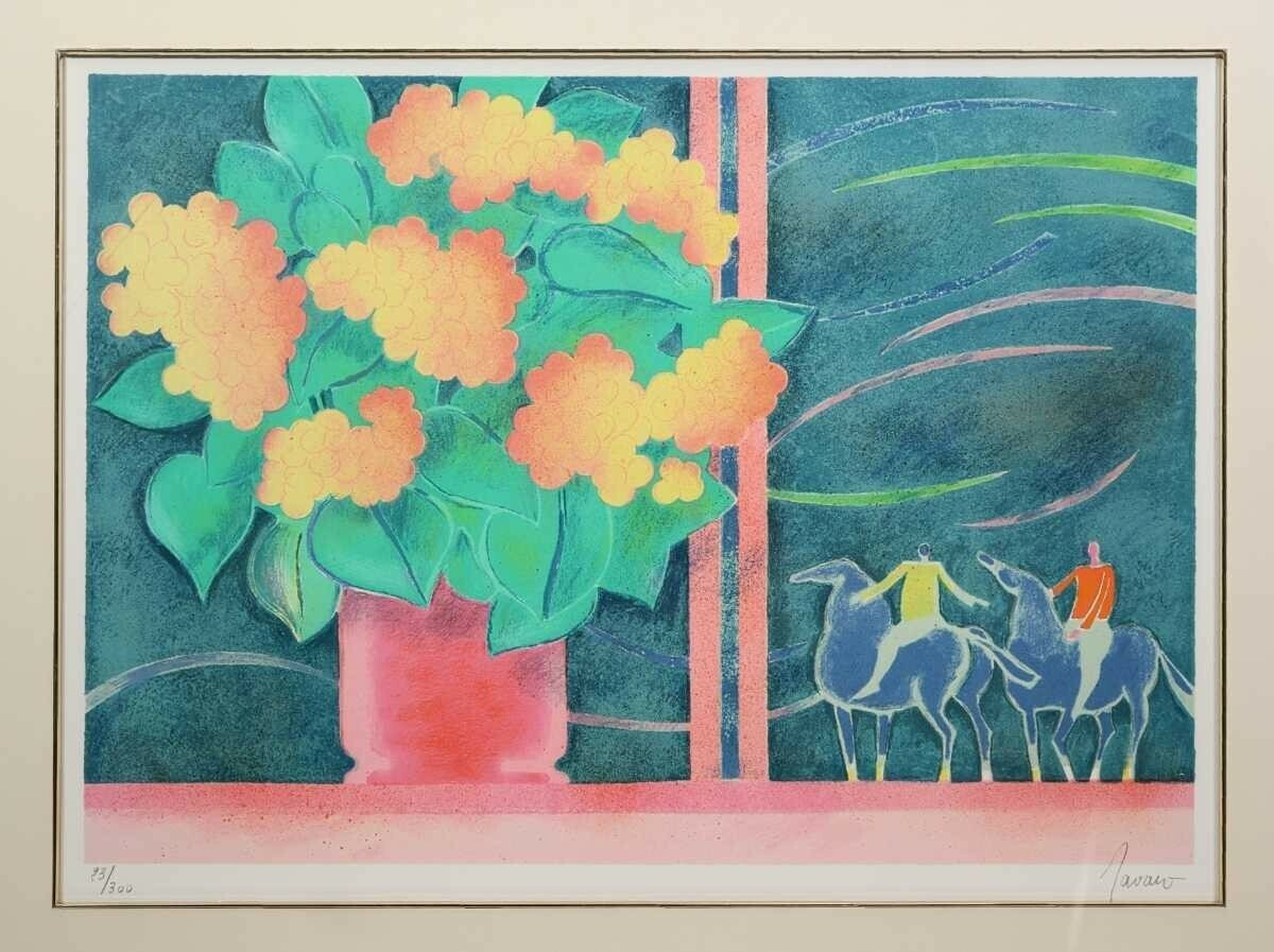 Albert Zavaro Original Lithograph Signed - Still Life Flowers Horse