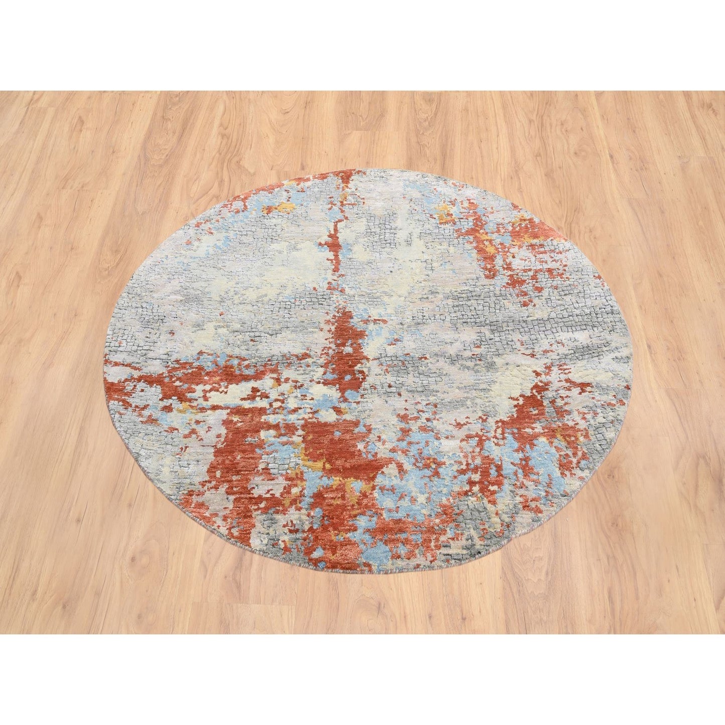 5'10"X5'10" Cream Abstract Design Wool And Silk Hand Knotted Round Rug