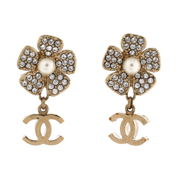 Chanel Cc Flower Dangle Earrings Metal With Crystals And Faux Pearls