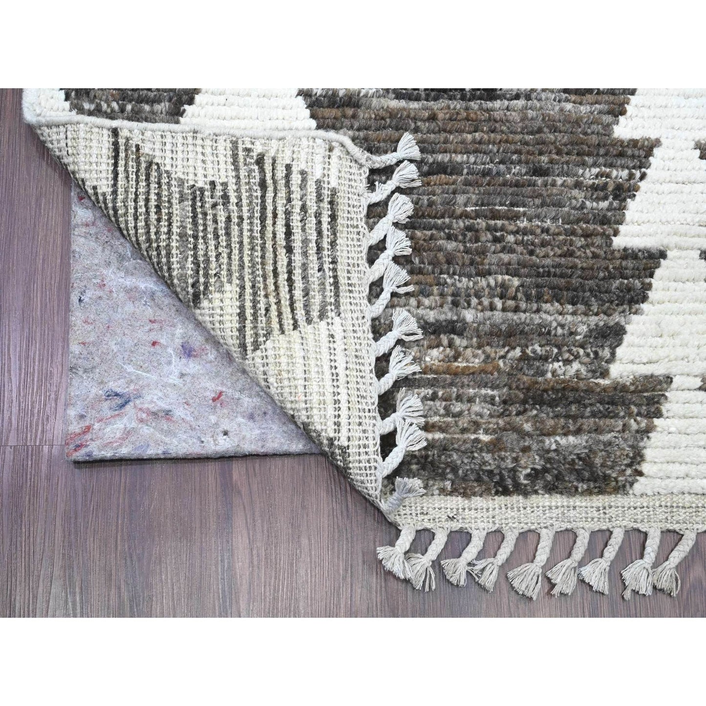 3'1"X16'8" Brown Moroccan Weave Line Design Hand Knotted Wool Runner Rug