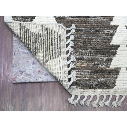 3'1"X16'8" Brown Moroccan Weave Line Design Hand Knotted Wool Runner Rug