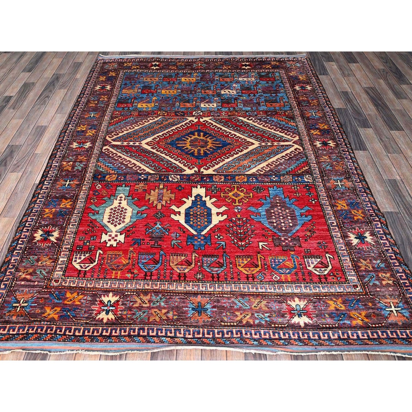 6'2"X8'3" Colorful Caucasian Design Revival Hand Knotted Soft Wool Rug
