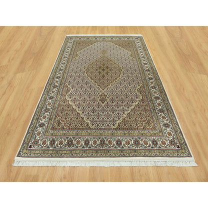 5'10"X9'2" Silky White Wool Tebraz Mahi Design Hand Knotted Oriental Rug