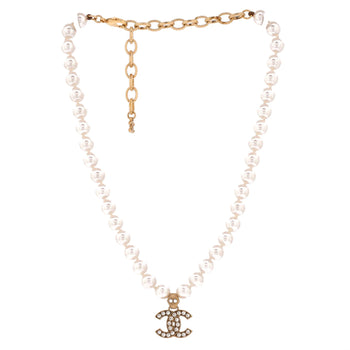 Chanel Cc Pendant Short Necklace Faux Pearls And Metal With Crystals