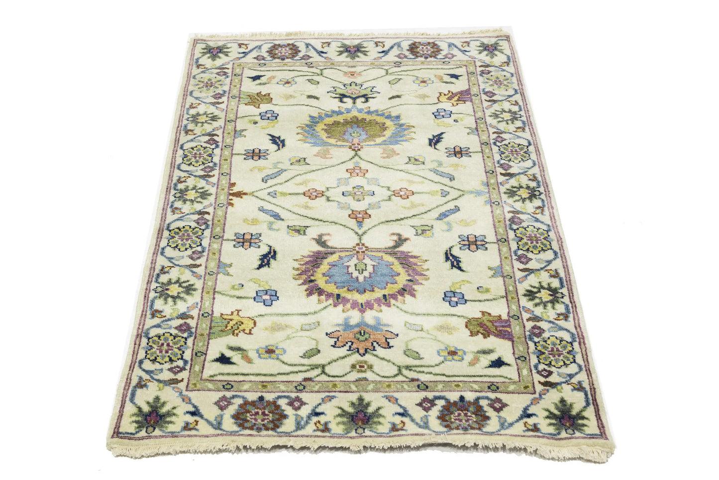 Handmade cream floral design oushak chobi rug small oriental size carpet