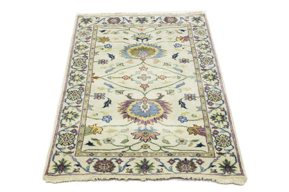 Handmade cream floral design oushak chobi rug small oriental size carpet