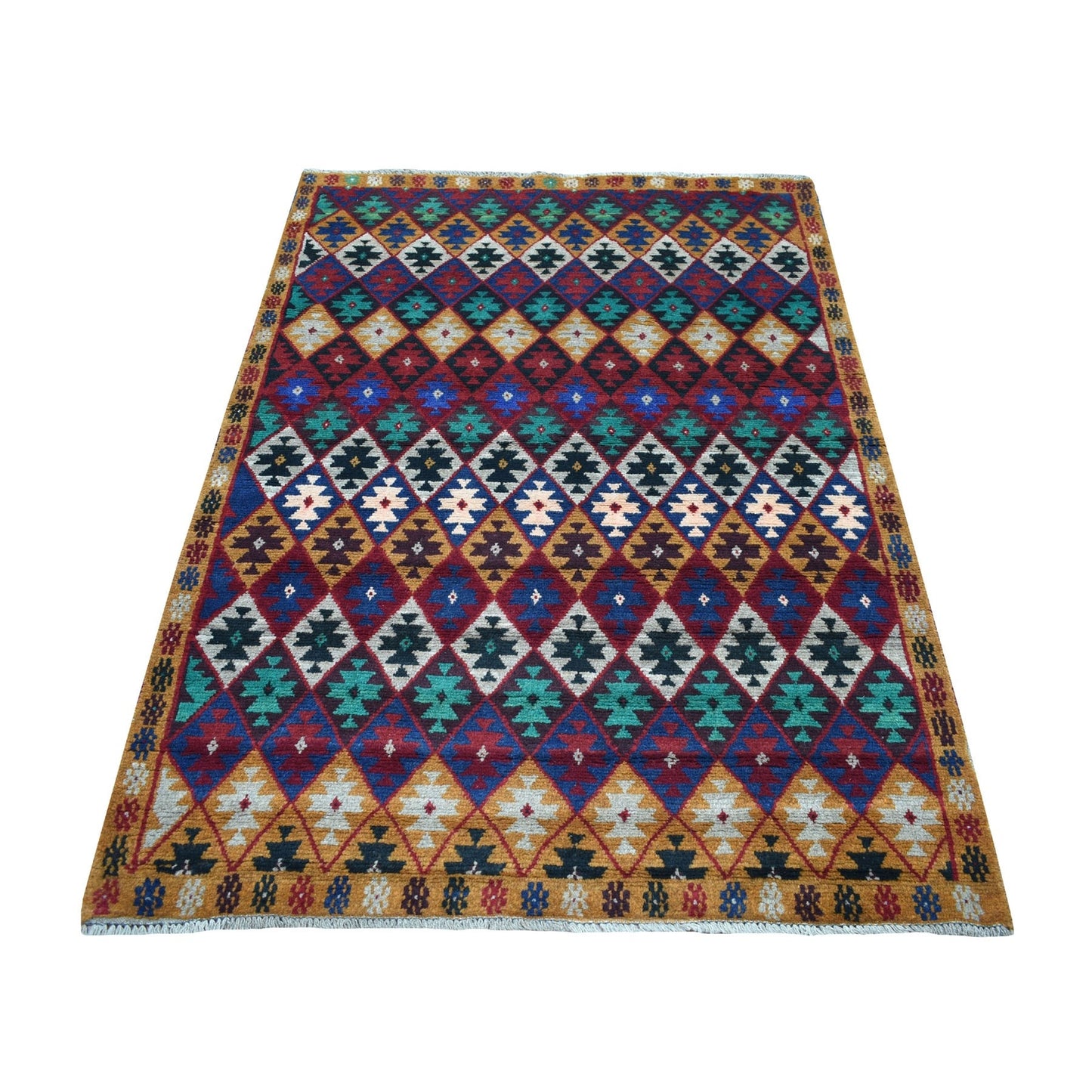4'1"X5'9" Tribal Design Hand Made Pure Wool Colorful Afghan Village Rug