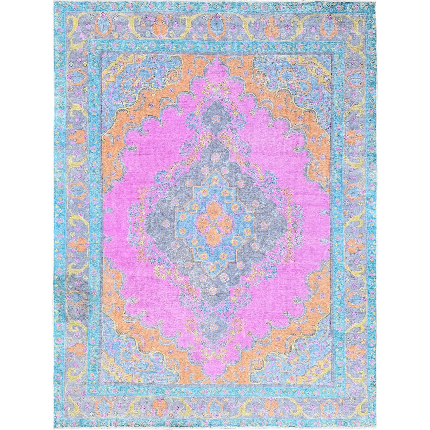 9'2"X12' Pink Painted Vintage Zoroastrian Tebraz Hand Knotted All Wool Rug