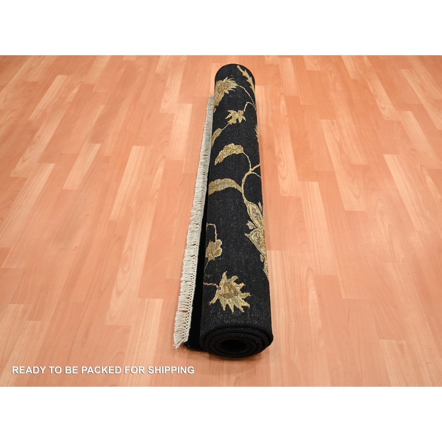 Rug 4'x6' Midnight Black Botanical Design Wool and Silk Hand Knotted