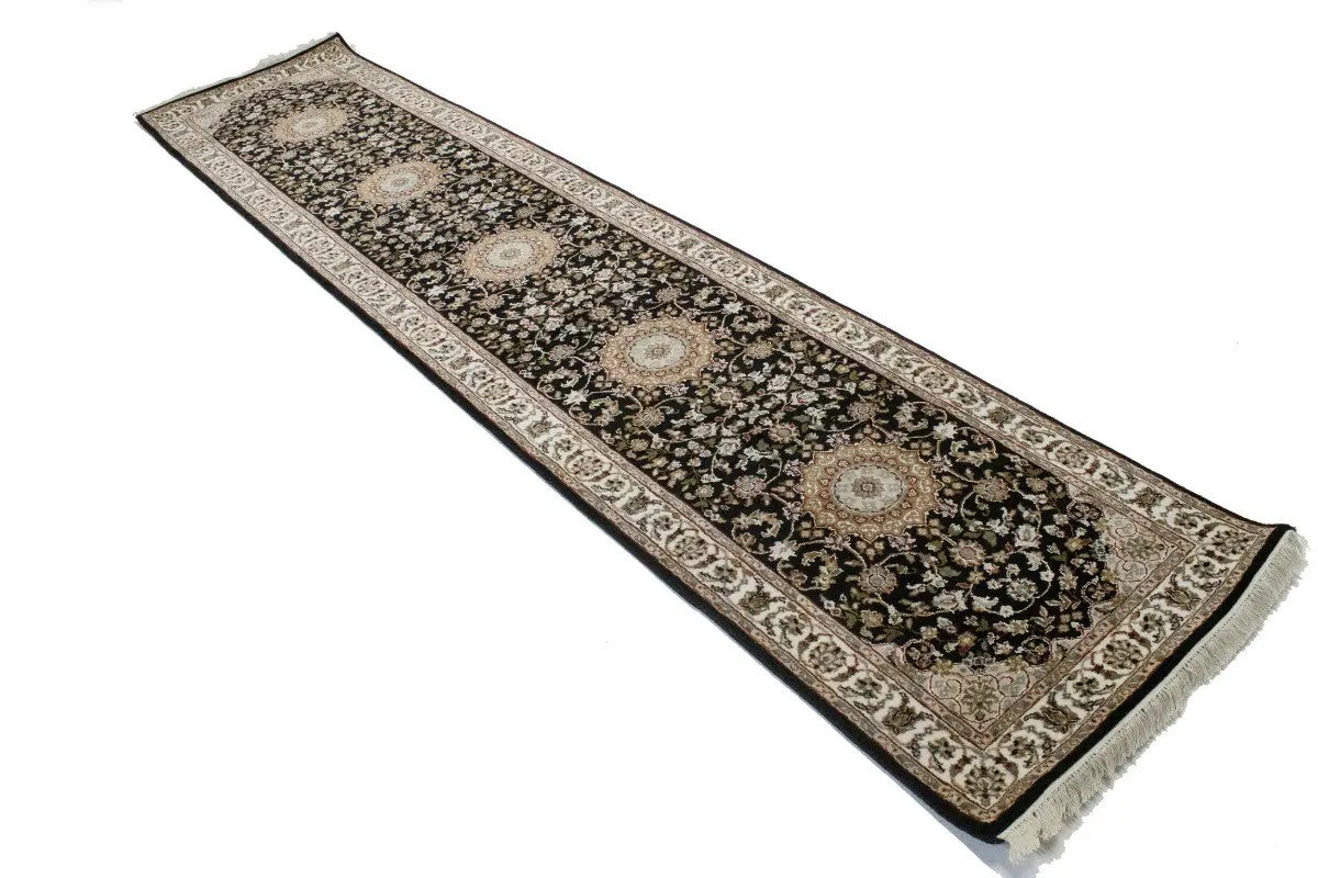 Handmade Indo-Nain Oriental Runner Rug 3X12 ft Black Floral Wool Carpet Hallway