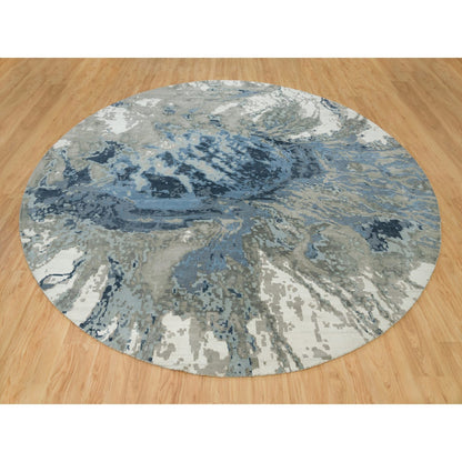 12'X12' Steel Blue Abstract Galaxy Wool And Silk Hand Knotted Round Rug