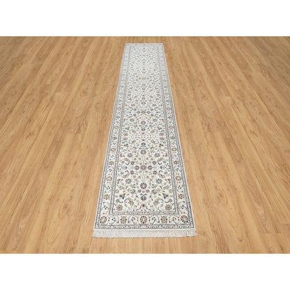 2'7"X12'2" White 250 Kpsi Wool And Silk Nain Hand Knotted Runner Rug