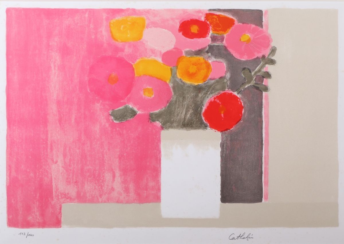 Bernard Cathelin Bouquet De Zinnias Sur Fond Rose Lithograph Signed Framed