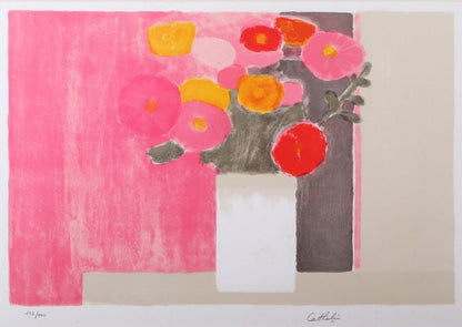 Bernard Cathelin Bouquet De Zinnias Sur Fond Rose Lithograph Signed Framed