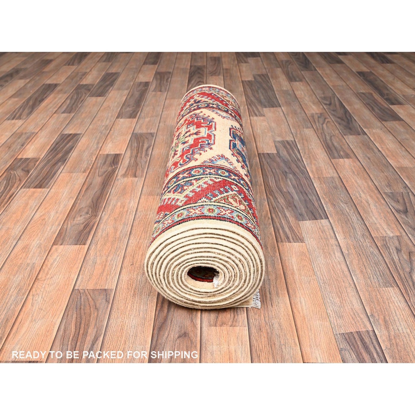 3'X15'5" Ivory Kazak With Geometric Design Rug Hand Knotted Wool Runner