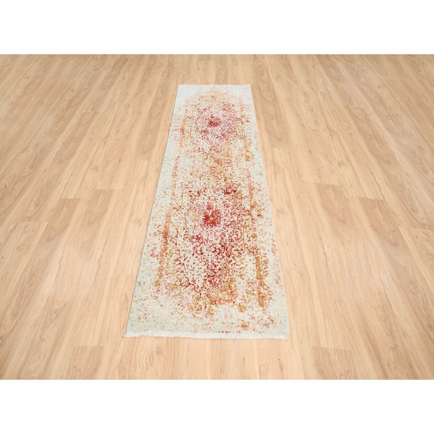 2'4"X8' Hand Knotted Pink Farsian Erased Design Wool/Silk Runner Rug