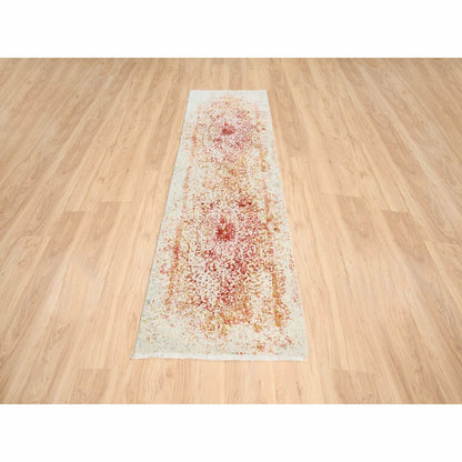 2'4"X8' Hand Knotted Pink Farsian Erased Design Wool/Silk Runner Rug