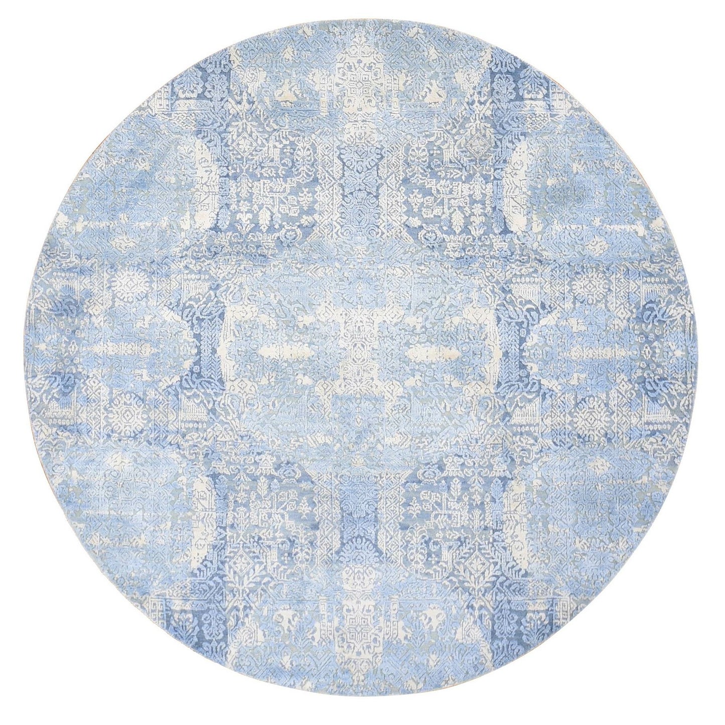 6'X6' Blue Hand Knotted Wool And Pure Silk Jewellery Design Round Rug